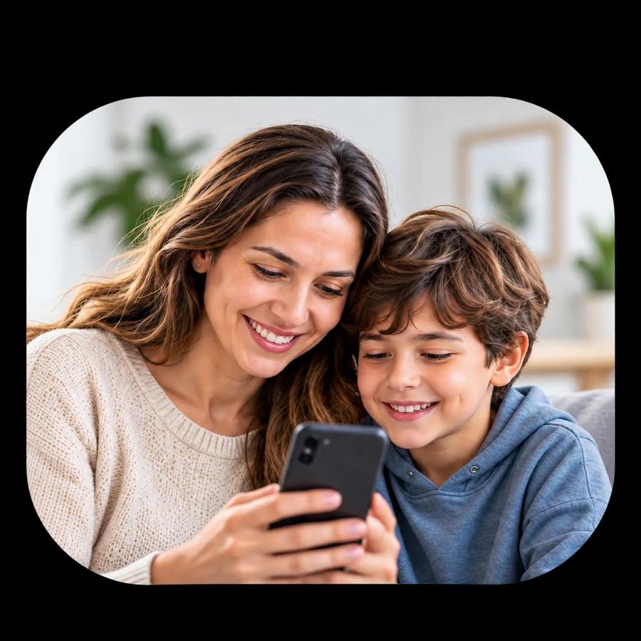 Mamá e hijo mirando el celular juntos