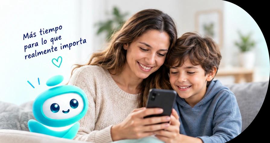 Mamá e hijo mirando el celular juntos, acompañados por la mascota de Apoderado al Día