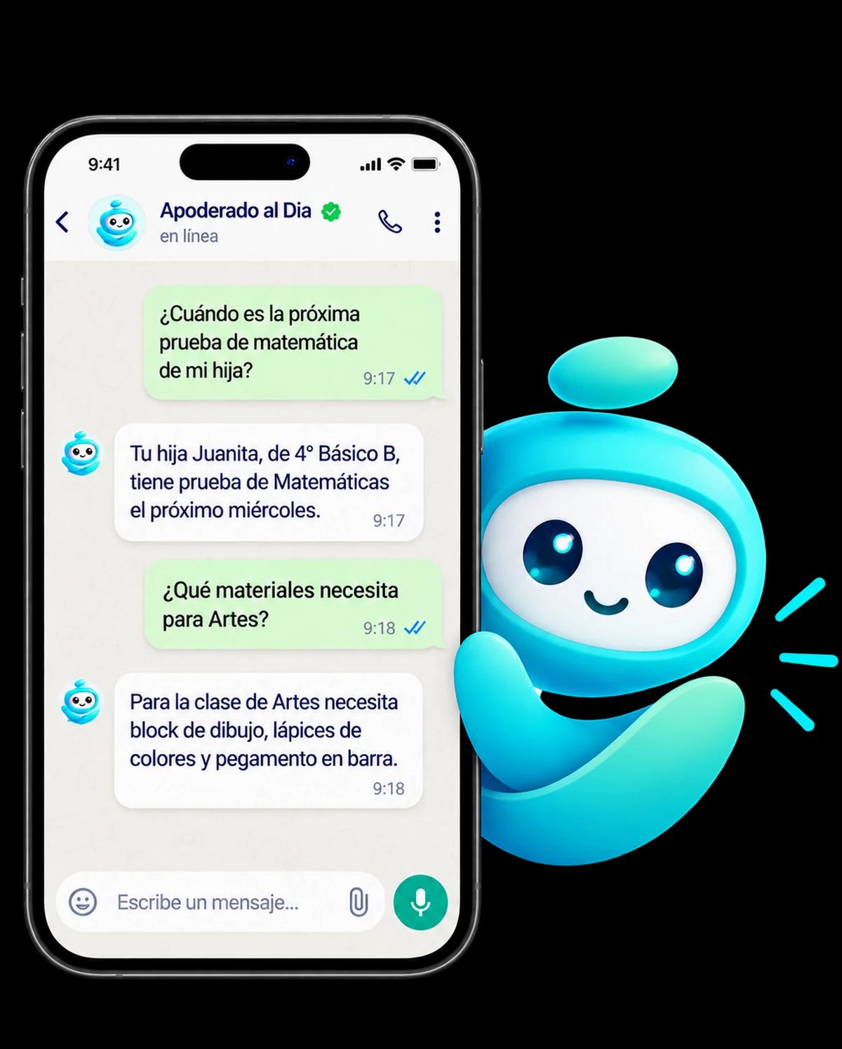 Conversación de WhatsApp con Apoderado al Día consultando la fecha de una prueba y los materiales de Artes
